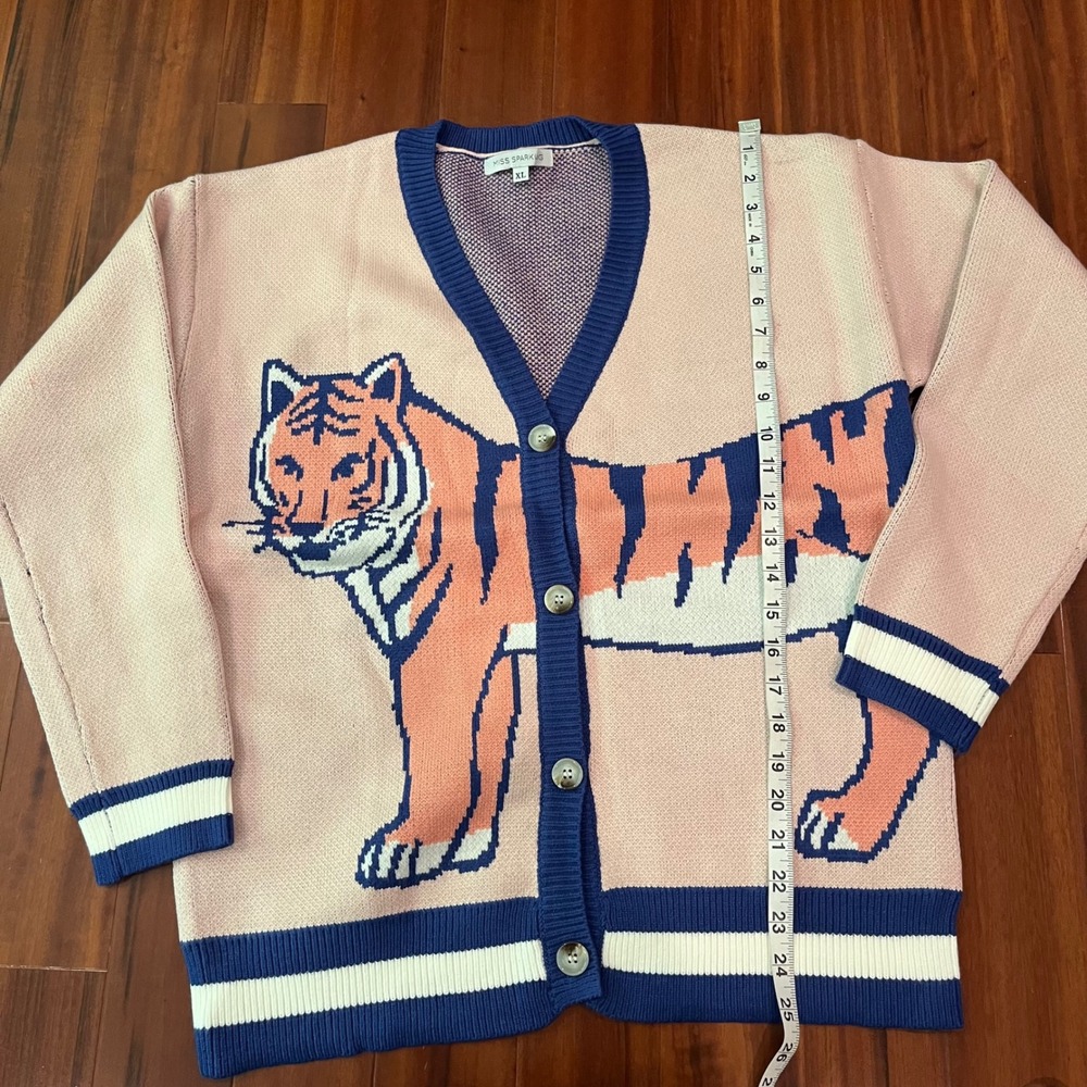 Tiger Graphic Cardigan Sweater Animal Miss Sparkling Knit Long Sleeve New XL - Picture 5 of 7